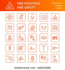 Firefighting, safety equipment flat line icons. Firefighter, fire engine extinguisher, smoke detector, house, danger signs, firehose. Flame protection thin linear pictogram.