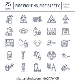 Firefighting, Safety Equipment Flat Line Icons. Firefighter, Fire Engine Extinguisher, Smoke Detector, House, Danger Signs, Firehose. Flame Protection Thin Linear Pictogram.