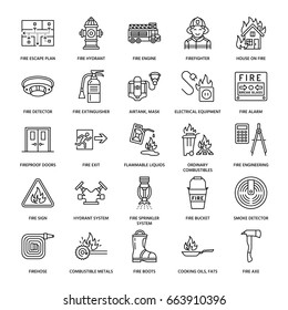 Firefighting safety equipment flat line icons. Firefighter, fire engine extinguisher, smoke detector, house, danger signs, firehose. Flame protection thin linear pictogram.