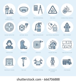 Firefighting, safety equipment flat line icons. Firefighter, fire engine extinguisher, smoke detector, house, danger signs, firehose. Flame protection thin linear pictogram.