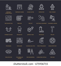 Firefighting, safety equipment flat line icons. Firefighter, fire engine extinguisher, smoke detector, house, danger signs, firehose. Flame protection thin linear pictogram.
