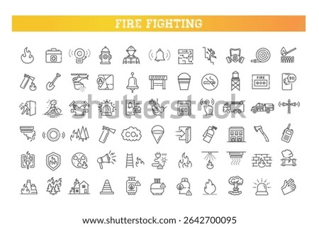 Firefighting safety equipment flat line icons