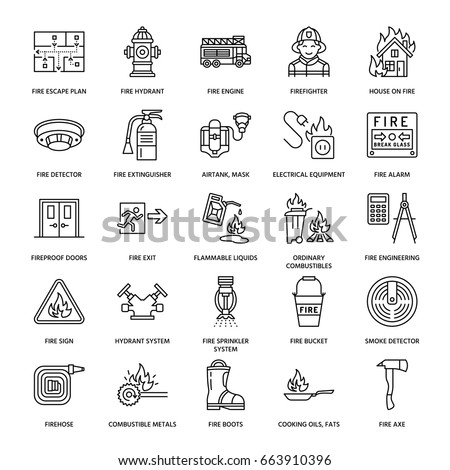 Firefighting safety equipment flat line icons. Firefighter, fire engine extinguisher, smoke detector, house, danger signs, firehose. Flame protection thin linear pictogram.