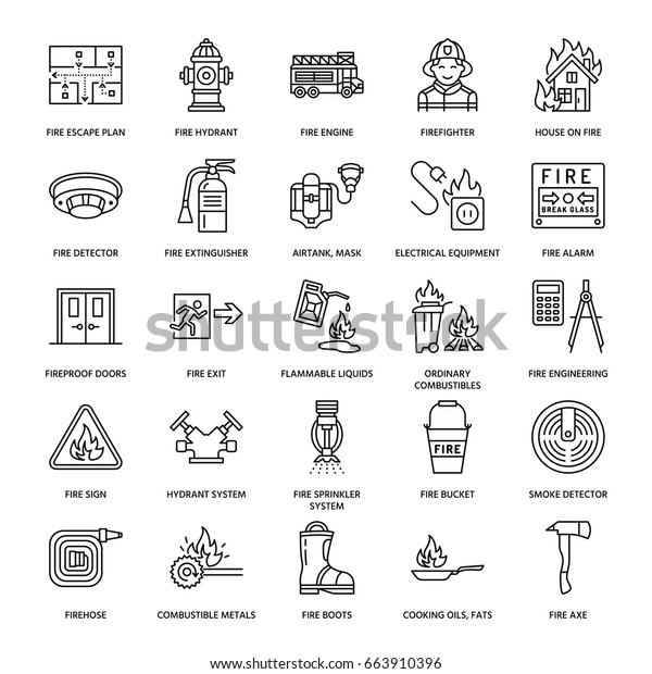 消防用安全装置のフラットラインアイコン 消防士 消火機関の消火器 煙探知器 家 危険信号 消防具 防炎効果の薄い線形絵文字 のベクター画像素材 ロイヤリティフリー