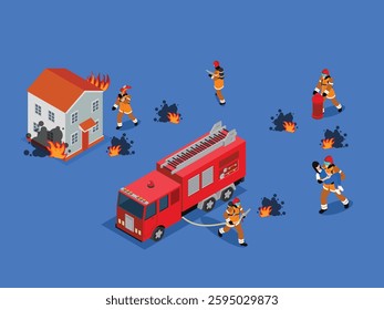 Firefighting Scene with Firefighters, Burning House, and Fire Truck 3d flat vector illustrations