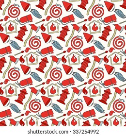 Firefighting. Seamless pattern with hand-drawn firefighting icons. Healthcare doodle drawing. Vector illustration - swatch inside