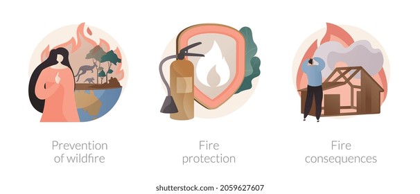 Firefighting service abstract concept vector illustration set. Prevention of wildfire, fire protection and consequences, smoke detector, save wildlife, fire alarm system abstract metaphor.