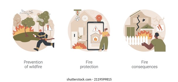 Conjunto de ilustraciones vectoriales abstractas del servicio de extinción de incendios. Prevención de incendios forestales, protección contra incendios y consecuencias, detector de humo, salvamento de la vida silvestre, sistema de alarma contra incendios metáfora abstracta.