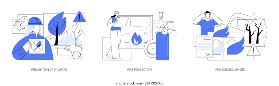 Firefighting service abstract concept vector illustration set. Prevention of wildfire, fire protection and consequences, smoke detector, save wildlife, fire alarm system abstract metaphor.