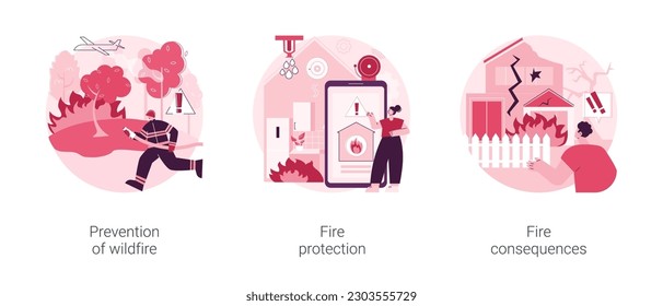 Conjunto de ilustraciones vectoriales abstractas del servicio de extinción de incendios. Prevención de incendios forestales, protección contra incendios y consecuencias, detector de humo, salvamento de la vida silvestre, sistema de alarma contra incendios metáfora abstracta.