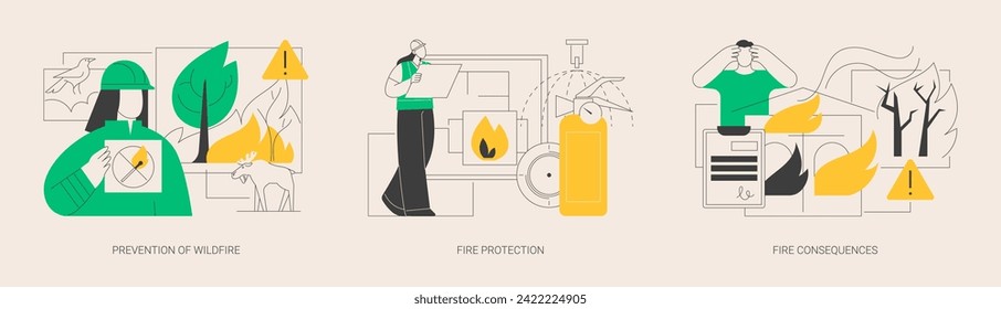 Conjunto de ilustraciones vectoriales abstractas del servicio de extinción de incendios. Prevención de incendios forestales, protección contra incendios y consecuencias, detector de humo, salvamento de la vida silvestre, sistema de alarma contra incendios metáfora abstracta.