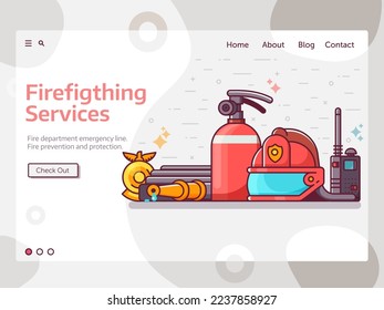 Firefighting services web banner with fire fighter equipment. Fire department landing page template with helmet, extinguisher, hydrant and fireman badge in line art design.