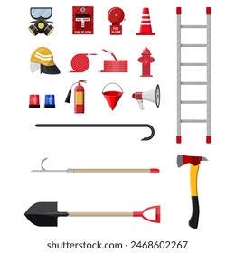 Equipo de extinción de incendios. Equipo de protección contra incendios. Ilustración vectorial en estilo plano