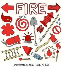 Firefighting set. Hand-drawn cartoon collection. Doodle drawing. Vector illustration