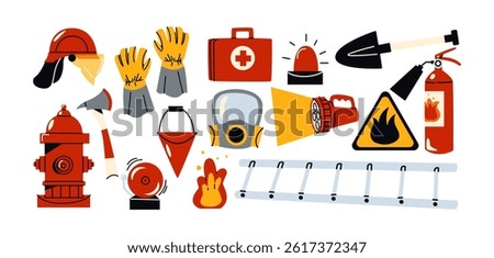 Firefighting stickers in retro cartoon style. Fire hydrant, ladder, extinguisher, helmet, emergency tools, 90s rescue vibe, illustration in retro cartoon style, trendy stickers