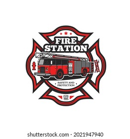 Firefighting symbol vector icon with fire truck and firefighter equipment. Fire engine, hydrant, fireman ladder and hook isolated red badge of fire department, rescue and emergency service design