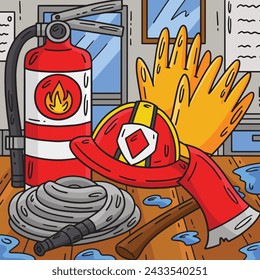 Firefighting Tools Colored Cartoon Illustration