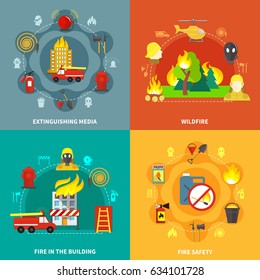 Herramientas de extinción de incendios edificios de combustión y el concepto de bosque 2x2 aislado en fondos de colores ilustración plana vectorial