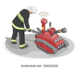 Firefighting using Fire Rescue and Scouting robot to Service dangerous fire isometric isolated vector