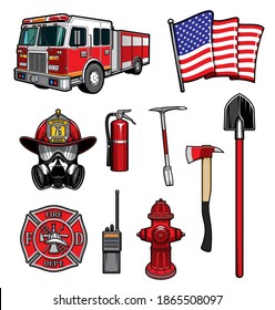 Firefighting vector icons red protective helmet and gas mask, fire axe and shovel, extinguisher, hydrant and walkie talkie. Fire truck, american flag and badge of department. Firefighter labels set