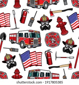 Firefighting vector seamless pattern, firefighter department equipment red protective helmet and gas mask. Fire axe and shovel, extinguisher, hydrant and walkie talkie, fire truck and american flag