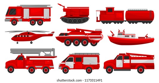 Firefighting vehicles set, emergency service for firefighting operations vector Illustrations on a white background