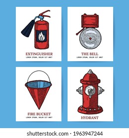 Firefighting Vintage Banner Icons of fireman tools. Rescue equipment isolated. Design Template with Copy Space for Social Media, Gift Tag, Instruction. Fire Extinguisher, Alarm, Bucket, Hydrant
