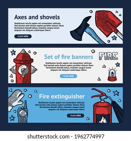 Firefighting Vintage Banner Templates of fireman tools vector illustration. Rescue equipment isolated. Horizontal Design Template with Copy Space for Social Media, Web, Instruction. advertising banner