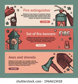 Firefighting Vintage Banner Templates of fireman tools vector illustration. Rescue equipment isolated. Horizontal Design Template with Copy Space for Social Media, Web, Instruction. advertising banner