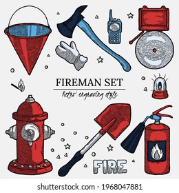 Firefighting Vintage Elements Background in vintage style with empty Copyspace. Label with Design Template for ad, vacancy, memo, billboard. extinguisher, glove, shovel, bucket, hydrant, alarm, radio