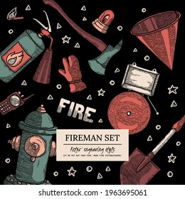 Firefighting Vintage Elements Poster, Cover, Social Media Banner Template. Finished Label, Design Elements for ad, vacancy, billboard. extinguisher, glove, shovel, bucket, axe, hydrant, alarm, radio
