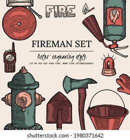 Firefighting Vintage Elements Poster, Cover, Social Media Banner Template. Finished Label, Design Elements for ad, vacancy, billboard. extinguisher, glove, shovel, bucket, axe, hydrant, alarm, radio