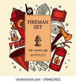 Firefighting Vintage Elements Poster, vintage style. Finished Label with Design Template Elements. extinguisher, glove, shovel, bucket, axe, hydrant, alarm, radio. Monochrome Engraving Black and White