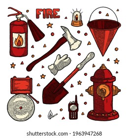 Firefighting Vintage Elements Set of fireman tools vector illustration. Rescue equipment isolated. Professional and equipment. Set with extinguisher, glove, shovel, bucket, axe, hydrant, alarm, radio