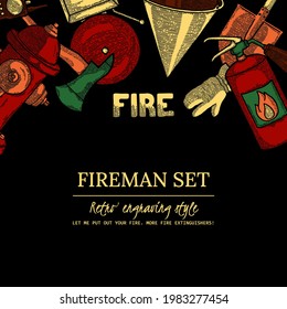 Firefighting Vintage Elements Set of fireman tools vector illustration. Rescue equipment isolated. Design Template with Copy Space for Banner, Social Media, Poster, Instruction. Border on Top, Black