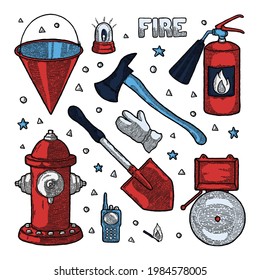 Firefighting Vintage Elements Set of fireman tools vector illustration. Rescue equipment isolated. Professional and equipment. Set with extinguisher, glove, shovel, bucket, axe, hydrant, alarm, radio