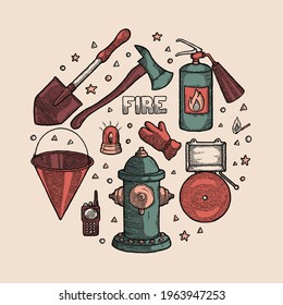 Firefighting Vintage Set of fireman tools vector illustration. Rescue equipment isolated. extinguisher, glove, shovel, bucket, axe, hydrant, alarm, radio. collection of isolated elements in circle