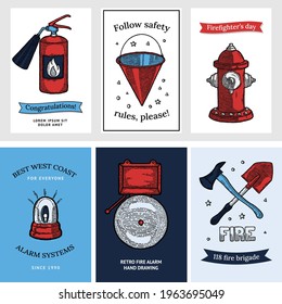 Firefighting Vintage Web Banner Templates of fireman tools vector illustration. Rescue equipment isolated. Vertical Design Template with Copy Space for Social Media, Gift Tag, Instruction. advertising