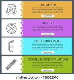 Firefighting web banner templates set. Alarm bag, fire hose, extinguisher, double extension ladder. Website color menu items with linear icons. Vector headers design concepts