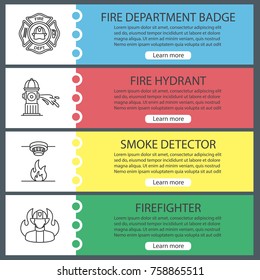 Firefighting web banner templates set. Firefighter's badge, fire hydrant, smoke detector, fireman. Website color menu items with linear icons. Vector headers design concepts