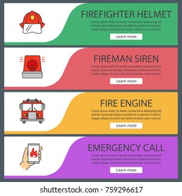 Firefighting web banner templates set. Hard hat, fireman siren, fire engine, emergency call. Website color menu items. Vector headers design concepts