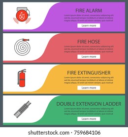 Firefighting web banner templates set. Alarm bag, fire hose, extinguisher, double extension ladder. Website color menu items. Vector headers design concepts