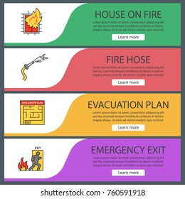 Firefighting web banner templates set. House on fire, evacuation plan, hose, emergency exit. Website color menu items. Vector headers design concepts