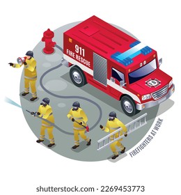 Firefigters at work vector illustration isometric icons on grey round isolated background