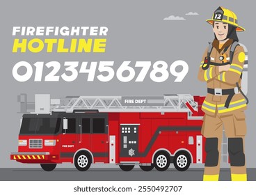 firefigthers female standing with complete uniform helmet gears in front of red color fire engine truck with hotline numbers