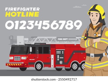 firefigthers female standing with complete uniform helmet gears in front of red color fire engine truck with hotline numbers