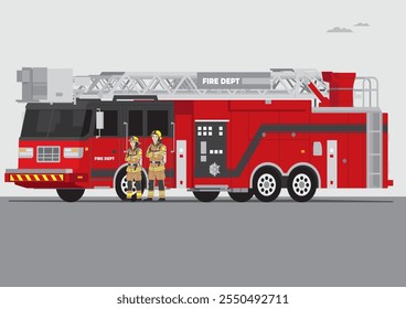 firefigthers male and female standing with complete uniform helmet gears in front of red color fire engine truck with hotline numbers