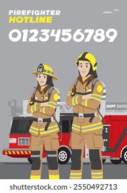 firefigthers male and female standing with complete uniform helmet gears in front of red color fire engine truck with hotline numbers