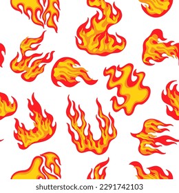 Fireflame pattern. Fire flame seamless red texture, hot angry or devil heat, flammable infero temperature, orange, yellow explosion, binfire, flaming campfire, comic style. Vector cartoon background