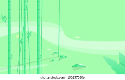 Fireflies among fresh bamboo stems and leaves. Asian pond with stones and water lily in zen style.